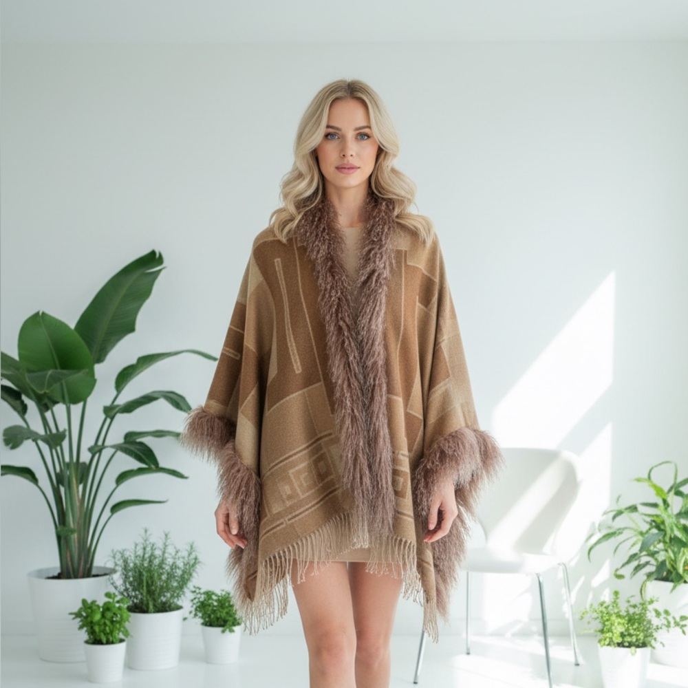 Vintage Southwestern-inspired Tibetan Lamb Fur Trim Wrap